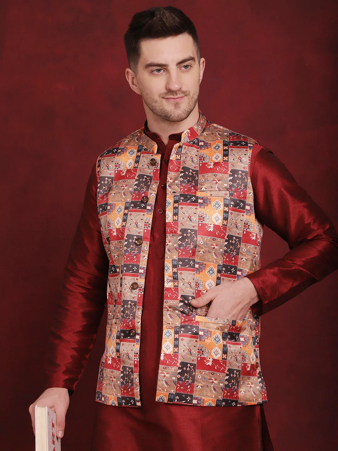 Multi Printed Nehru Jacket With Kurta Pyjama Set