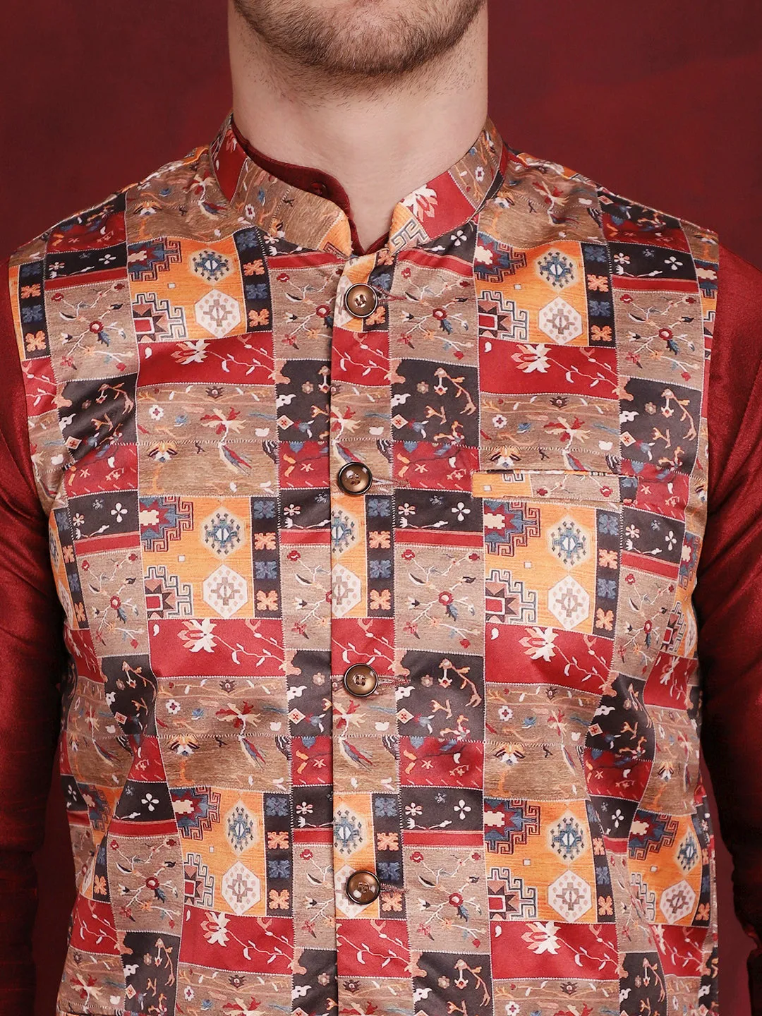 Multi Printed Nehru Jacket With Kurta Pyjama Set