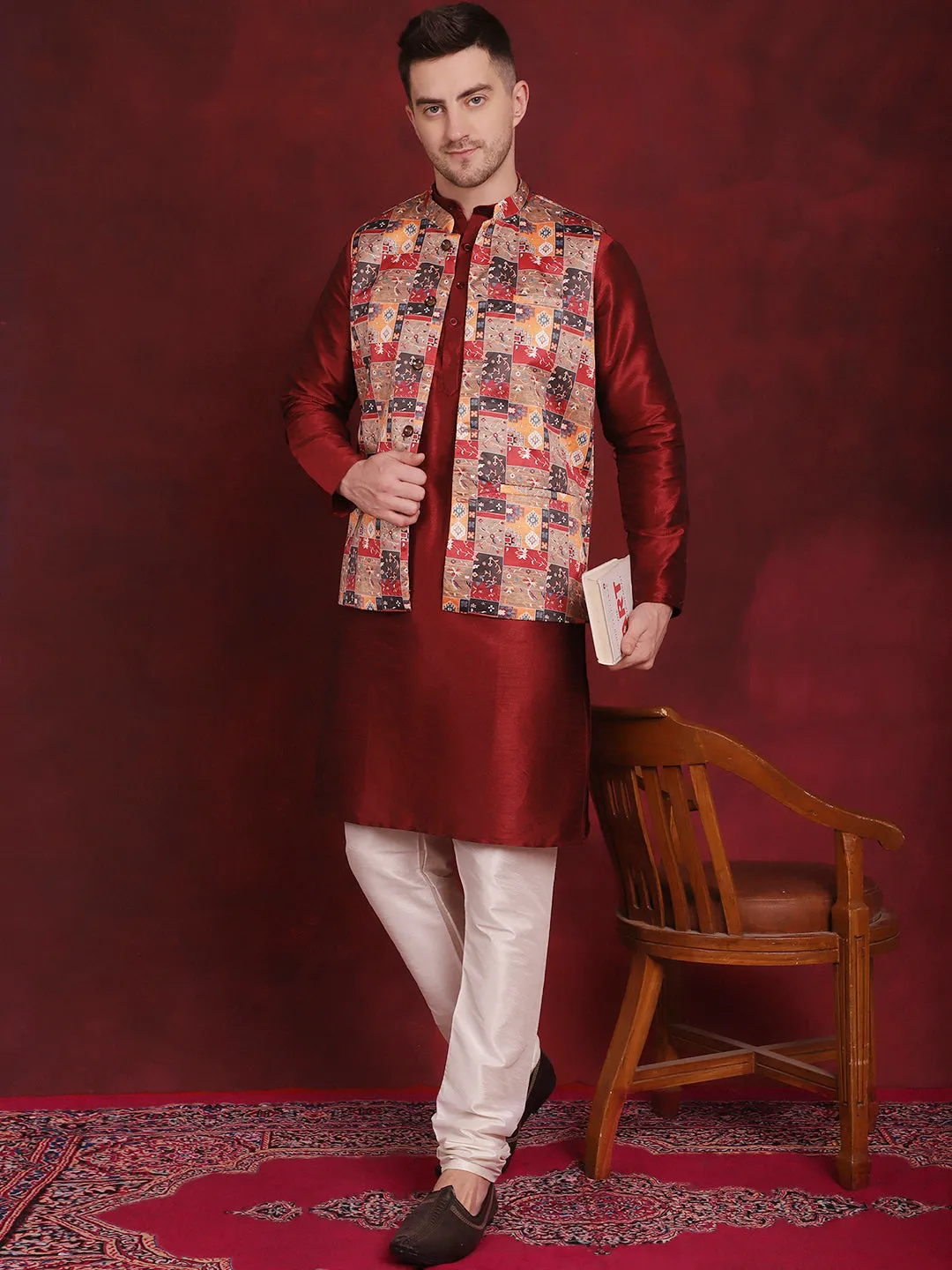 Multi Printed Nehru Jacket With Kurta Pyjama Set