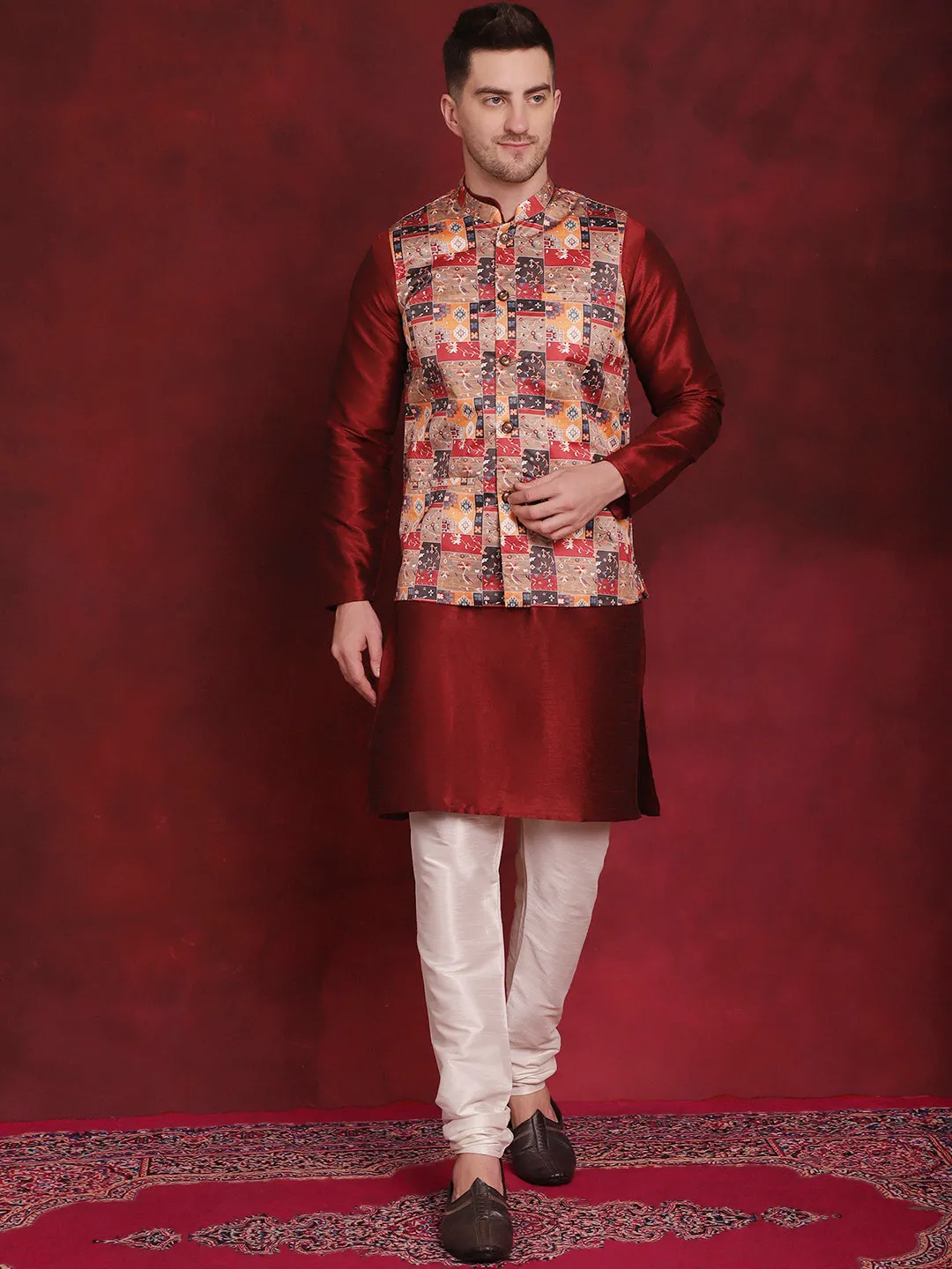 Multi Printed Nehru Jacket With Kurta Pyjama Set