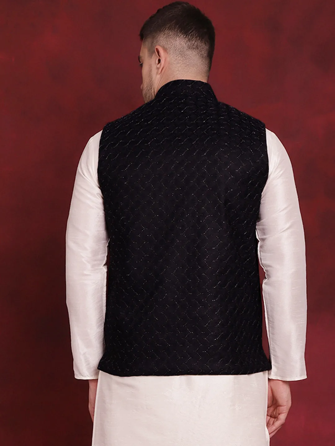 Navy Blue Woven Design Nehru Jacket