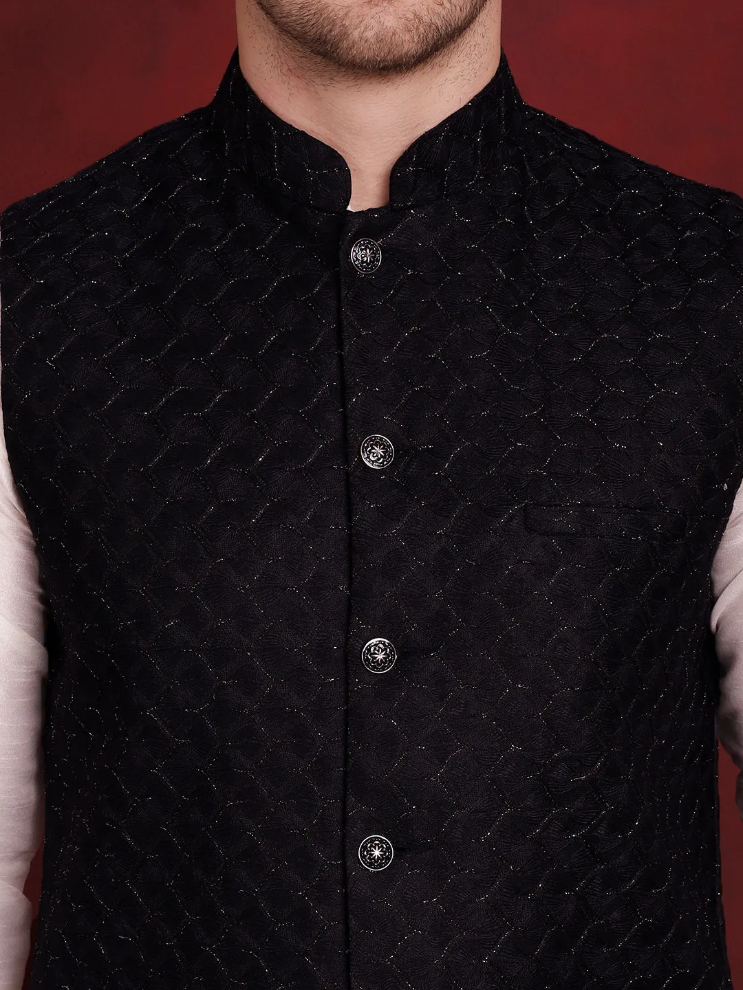 Navy Blue Woven Design Nehru Jacket