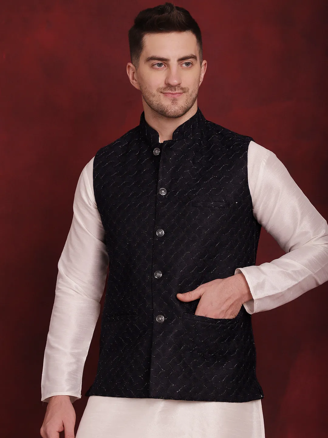 Navy Blue Woven Design Nehru Jacket