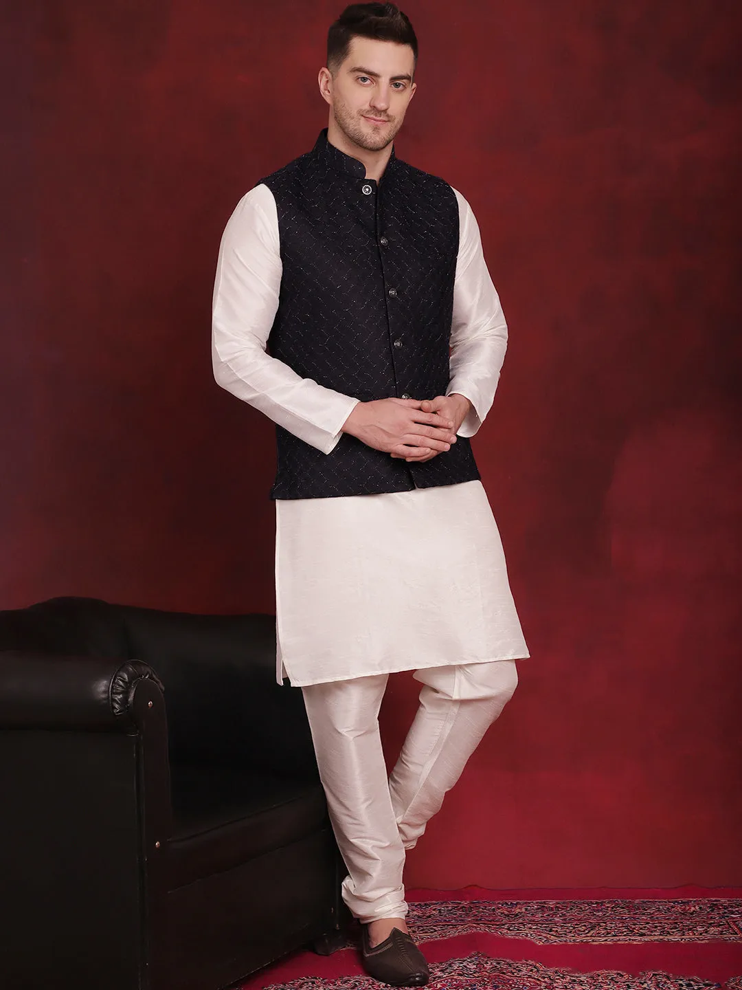 Navy Blue Woven Design Nehru Jacket