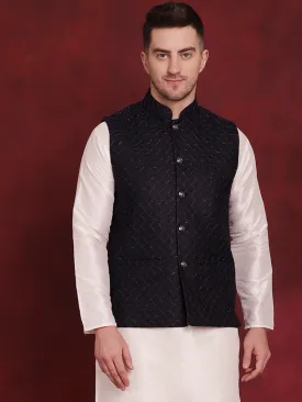 Navy Blue Woven Design Nehru Jacket