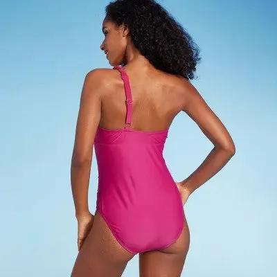 New - Shade & Shore Women's One Shoulder Keyhole One Piece Swimsuit Swimwear