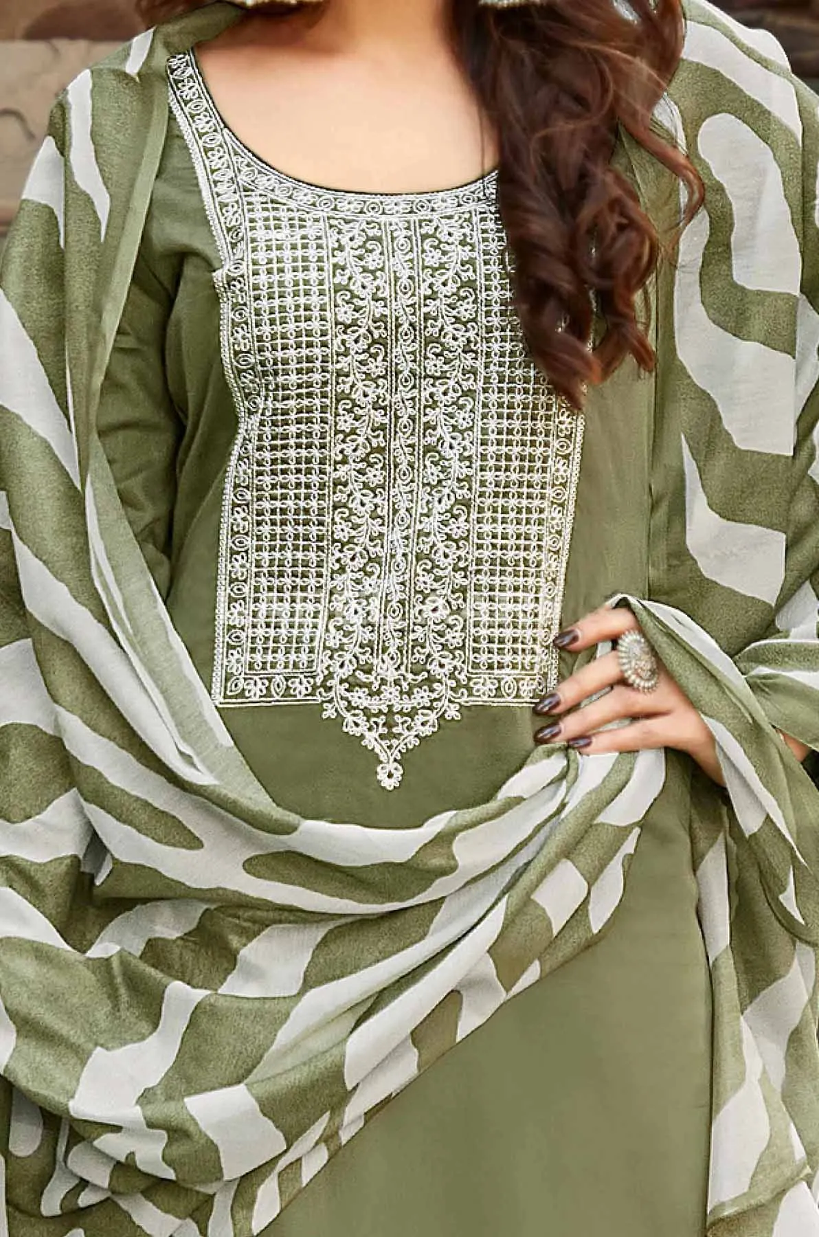 Olive Green Pure Cotton Satin Salwar Suit with Embroidery Unstitched