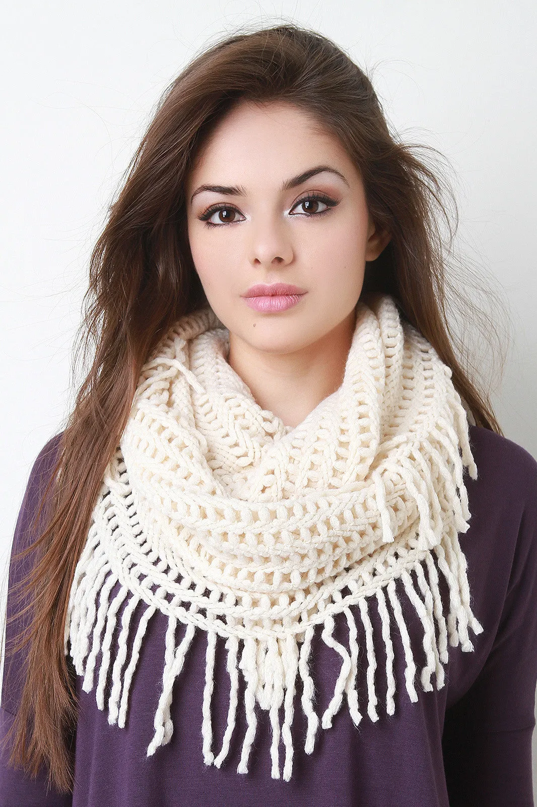 Open Knit Fringe Infinity Scarf