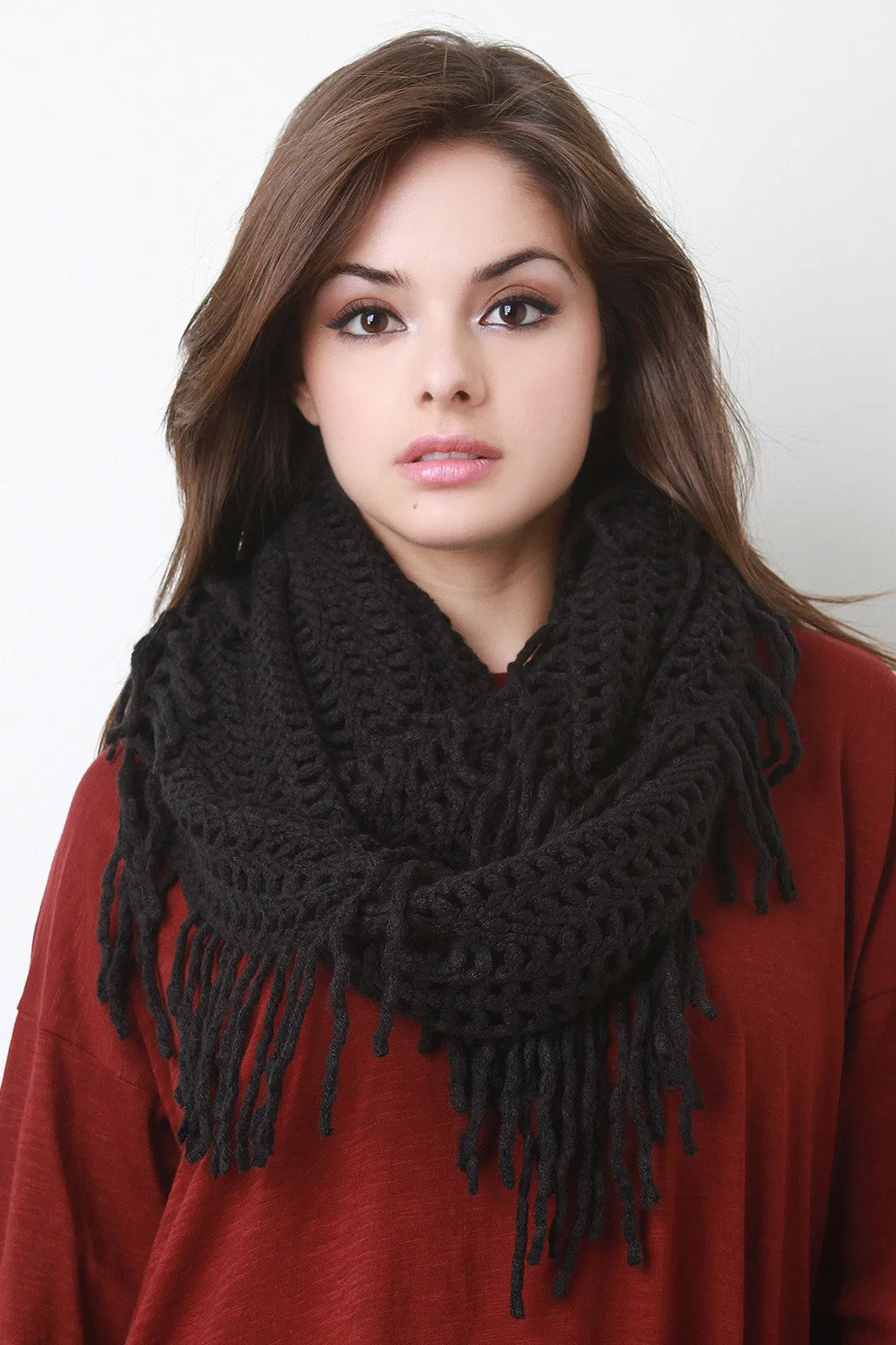 Open Knit Fringe Infinity Scarf