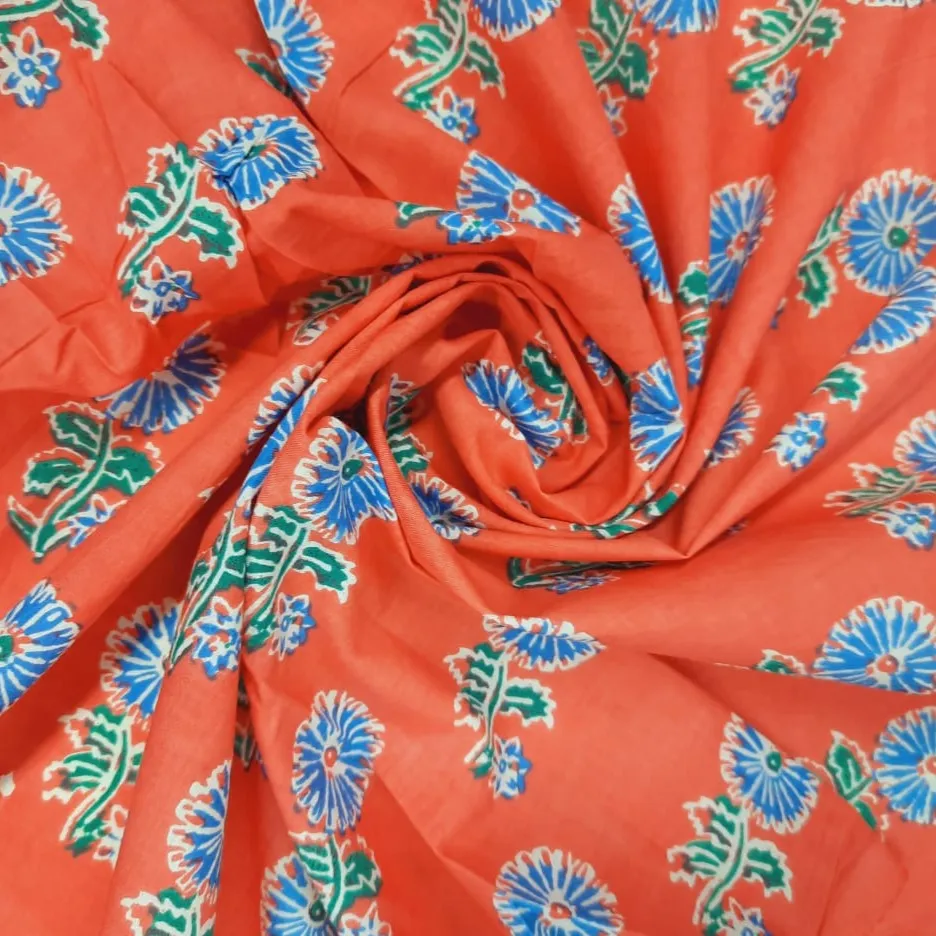 Orange Floral Handblock Print Cotton Fabric