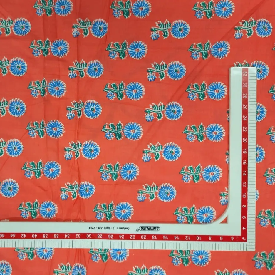 Orange Floral Handblock Print Cotton Fabric