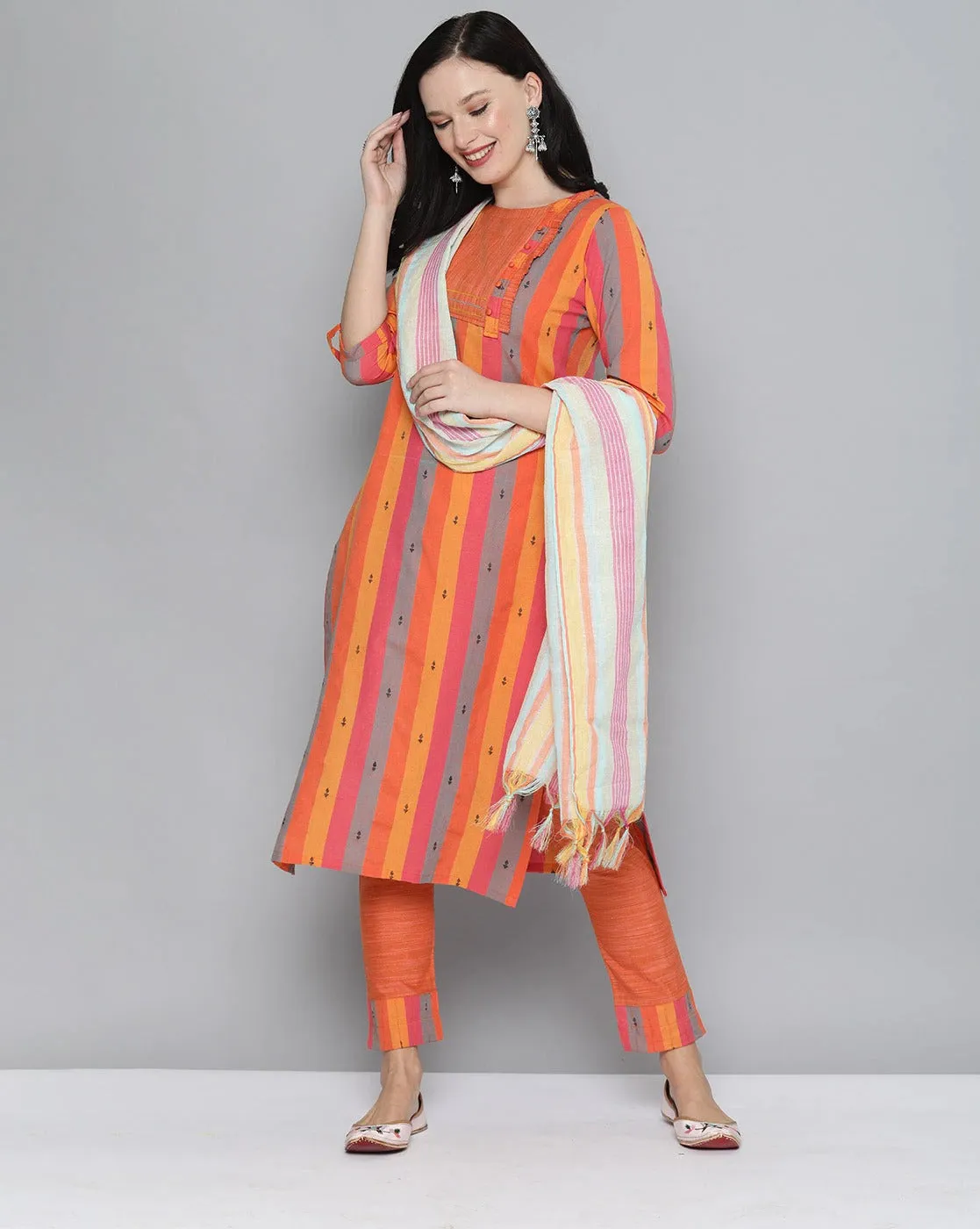 Orange Pure Handloom Cotton Unstitched Dress Material