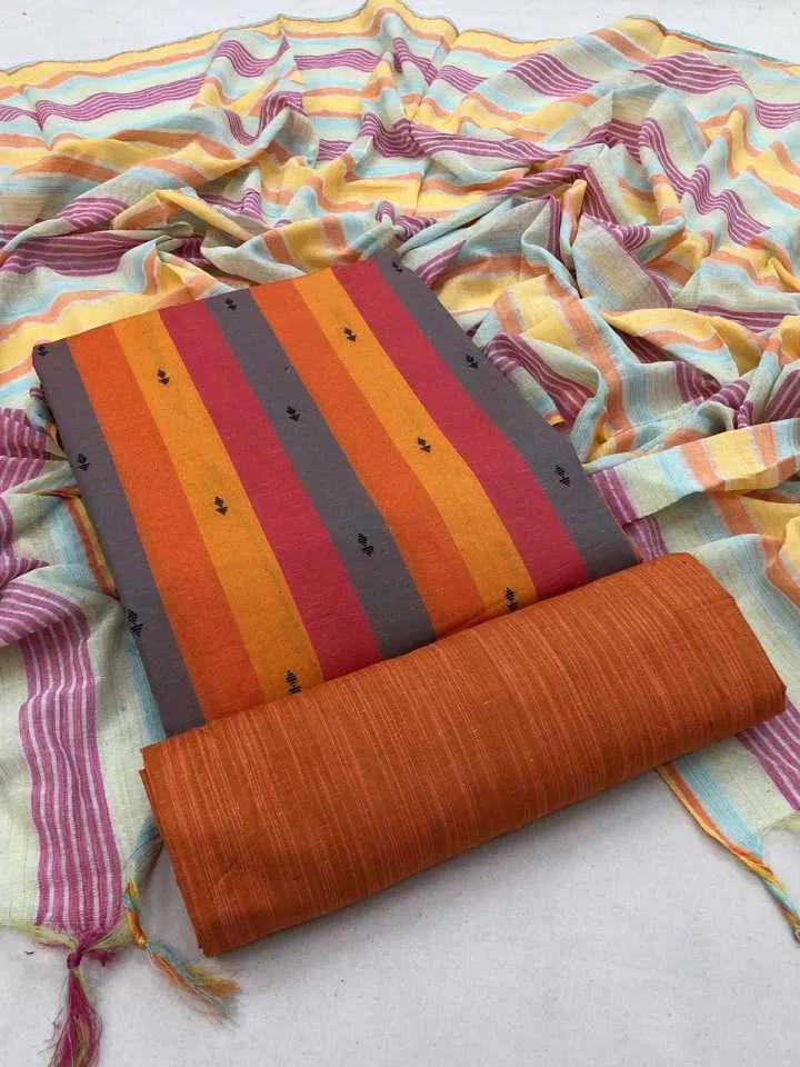 Orange Pure Handloom Cotton Unstitched Dress Material