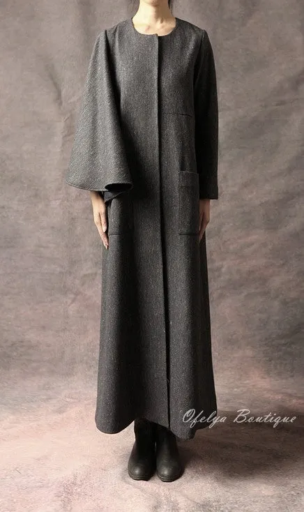 Oversized Big Dress With Two Pockets Stretch Cotton Asymmetric Cape Sleeve Coat/ Winter Woolblend Coat