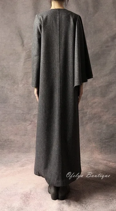 Oversized Big Dress With Two Pockets Stretch Cotton Asymmetric Cape Sleeve Coat/ Winter Woolblend Coat