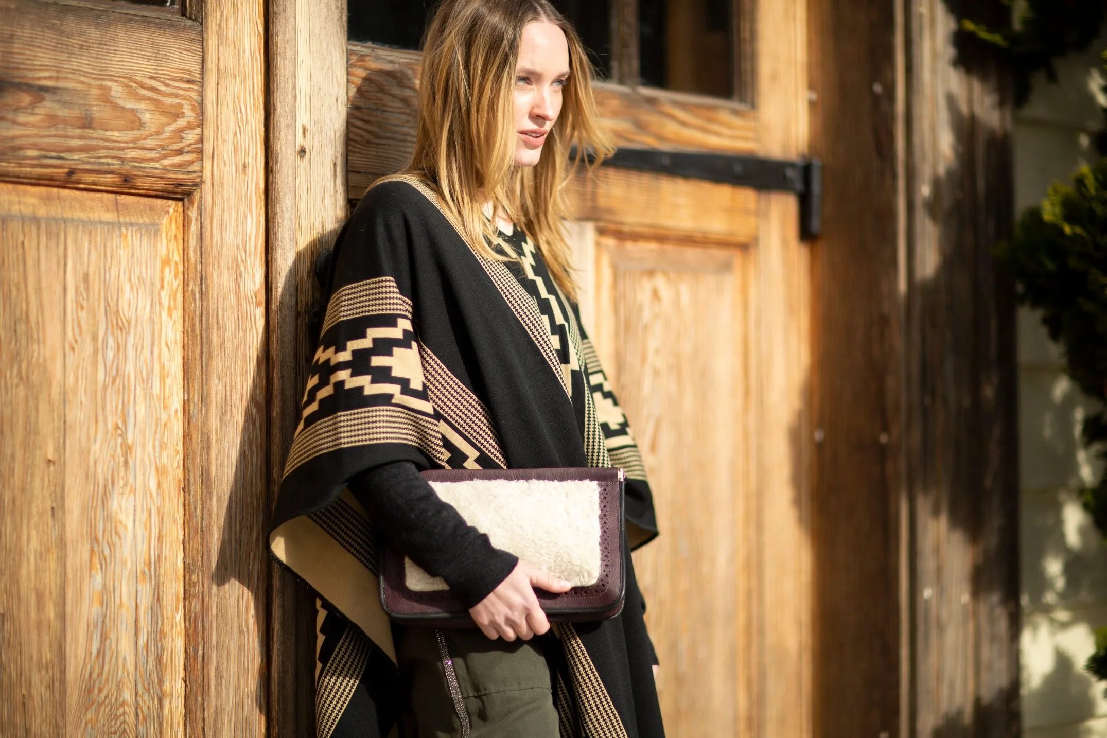 OXBLOOD AND NATURAL SHEARLING SNAP CLUTCH