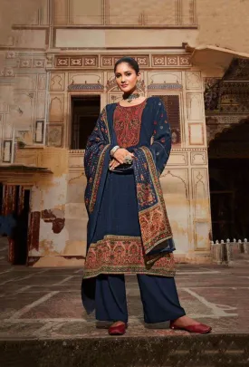 Pashmina Unstitched Dark Blue Winter Suits With Embroidery