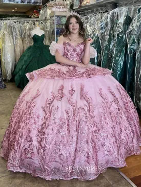 Pink Sweetheart Sparkly Wedding Dress with Detachable Sleeves Princess Evening Gowns sew1096