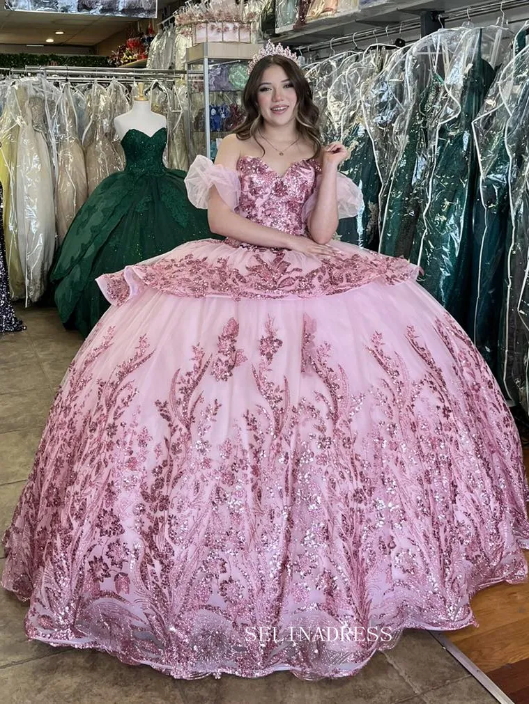 Pink Sweetheart Sparkly Wedding Dress with Detachable Sleeves Princess Evening Gowns sew1096