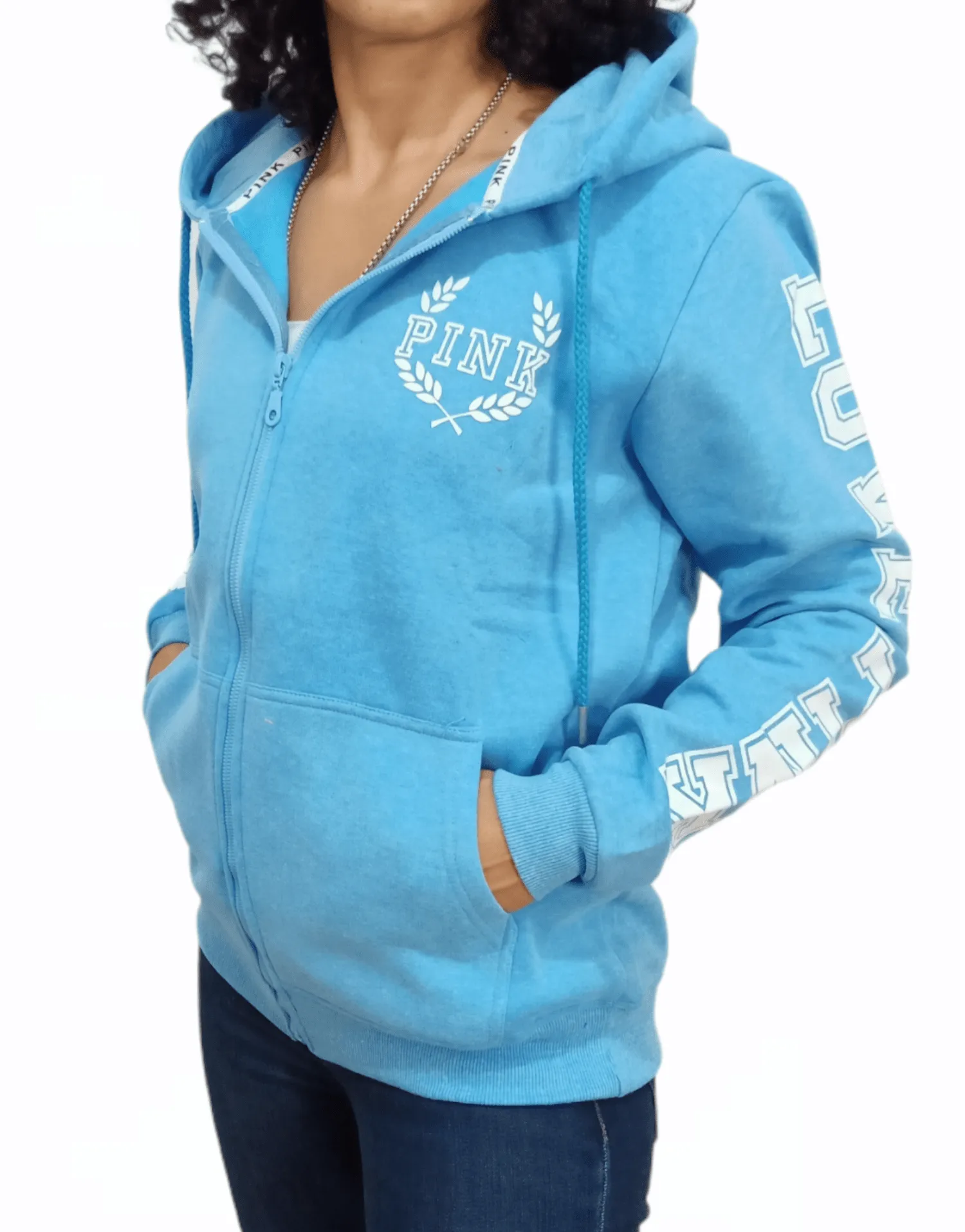 PINK Women Hoodie Jacket - Shoulder Print - Neon Blue