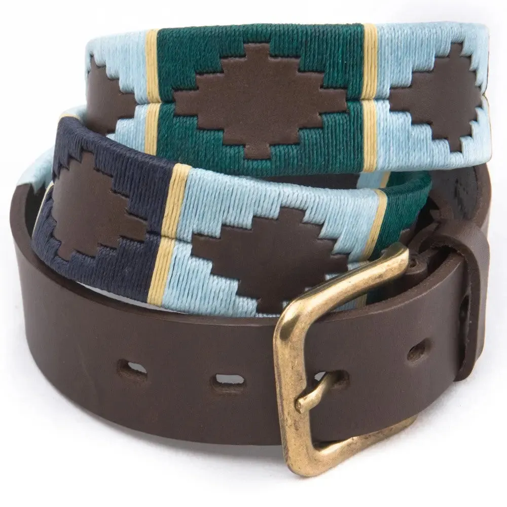 PIONEROS Polo Belt - Wide Argentinian - 156 Green/Pale Blue/Navy with Cream Stripe