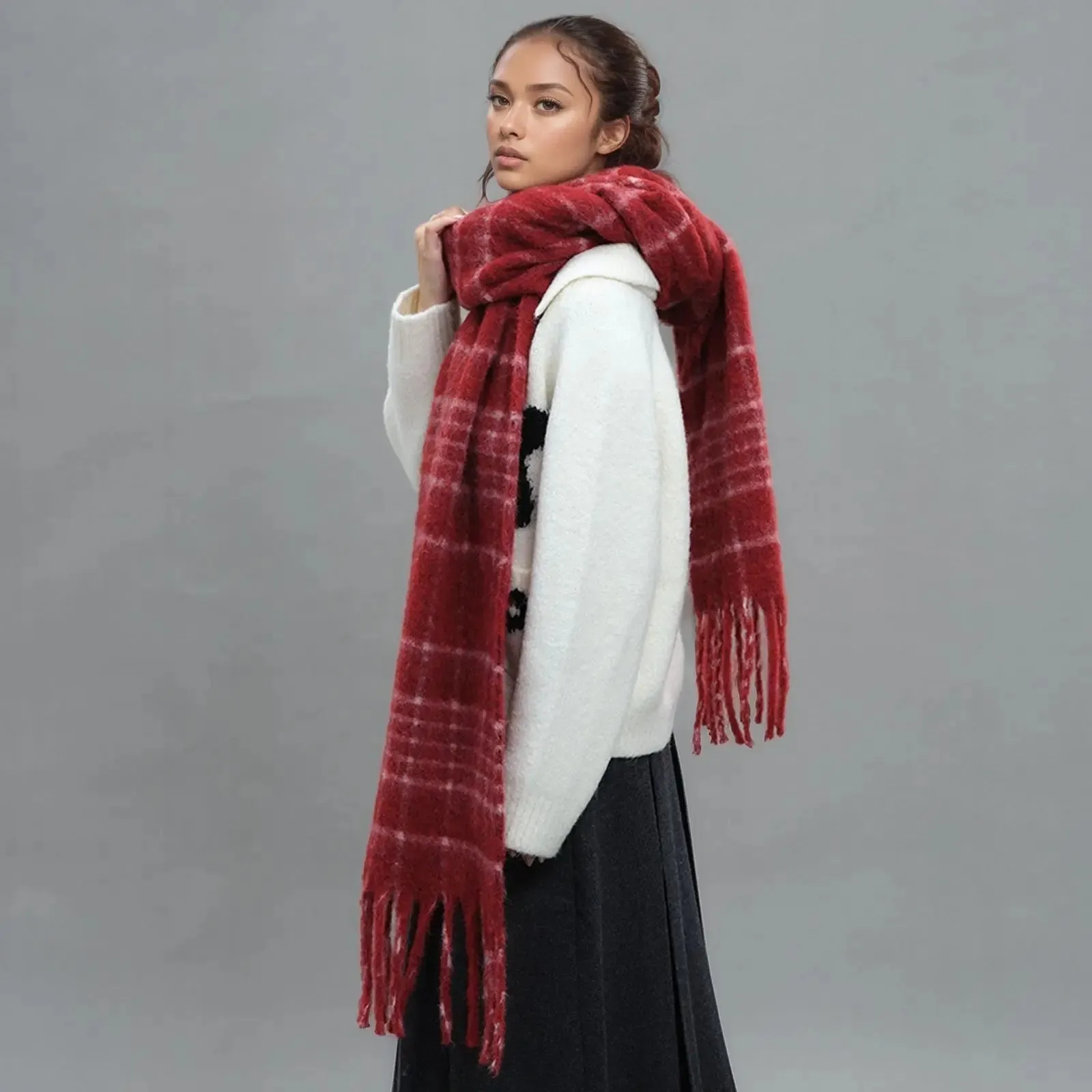 Plaid Wool Tassel Mohair Winter Scarf - Unisex Warmth