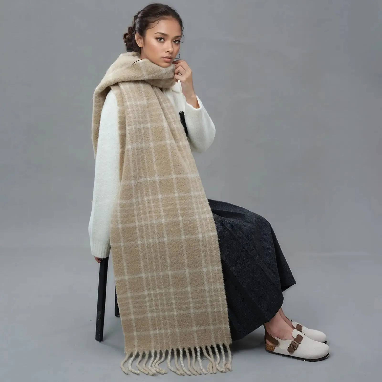 Plaid Wool Tassel Mohair Winter Scarf - Unisex Warmth