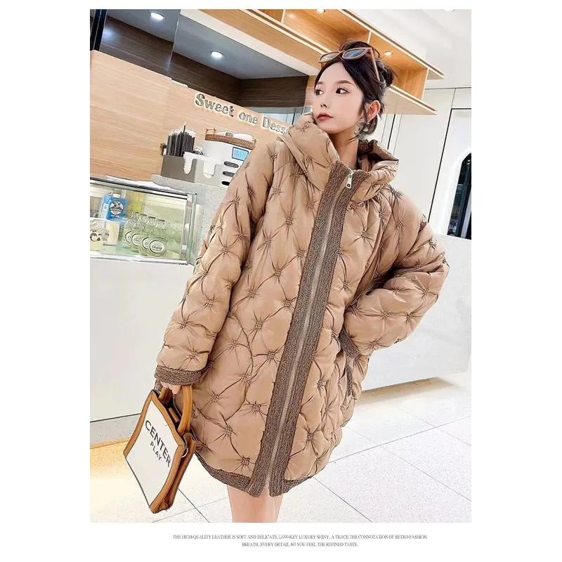 Quilted Loose Fit Thigh-Length Embroidery Thickened Puffer Jacket