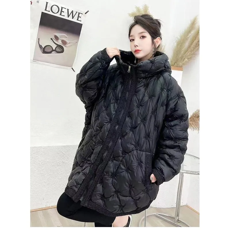 Quilted Loose Fit Thigh-Length Embroidery Thickened Puffer Jacket