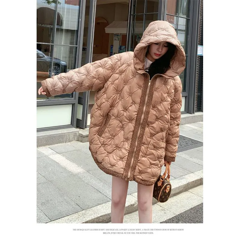 Quilted Loose Fit Thigh-Length Embroidery Thickened Puffer Jacket