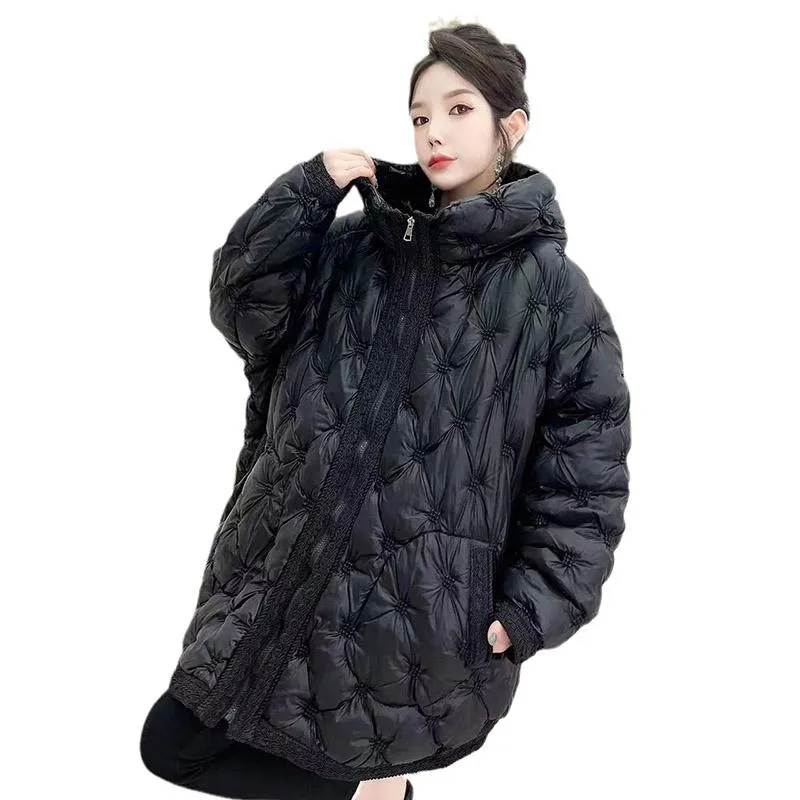 Quilted Loose Fit Thigh-Length Embroidery Thickened Puffer Jacket