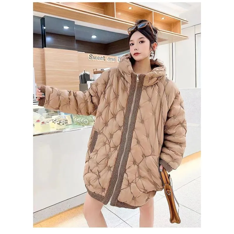 Quilted Loose Fit Thigh-Length Embroidery Thickened Puffer Jacket