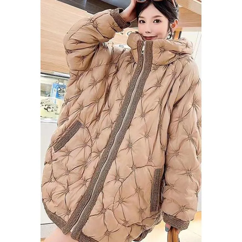 Quilted Loose Fit Thigh-Length Embroidery Thickened Puffer Jacket