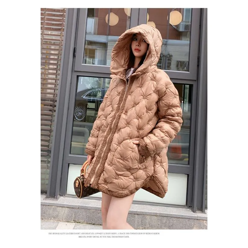 Quilted Loose Fit Thigh-Length Embroidery Thickened Puffer Jacket