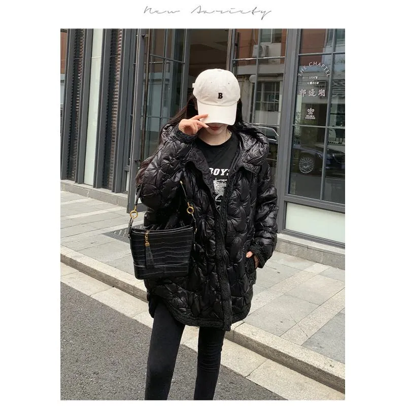 Quilted Loose Fit Thigh-Length Embroidery Thickened Puffer Jacket