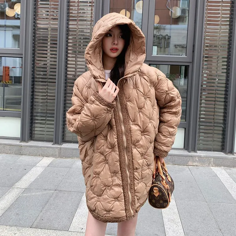 Quilted Loose Fit Thigh-Length Embroidery Thickened Puffer Jacket