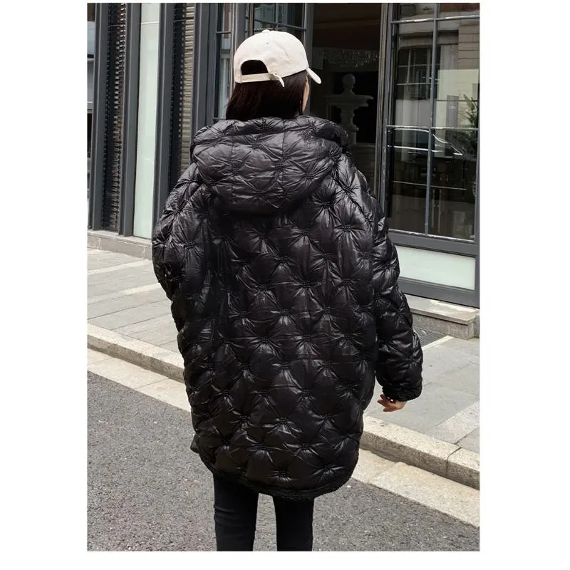 Quilted Loose Fit Thigh-Length Embroidery Thickened Puffer Jacket