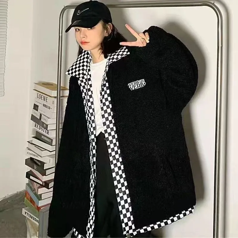 Reversible Checkerboard Lamb Niche Thickened Puffer Jacket