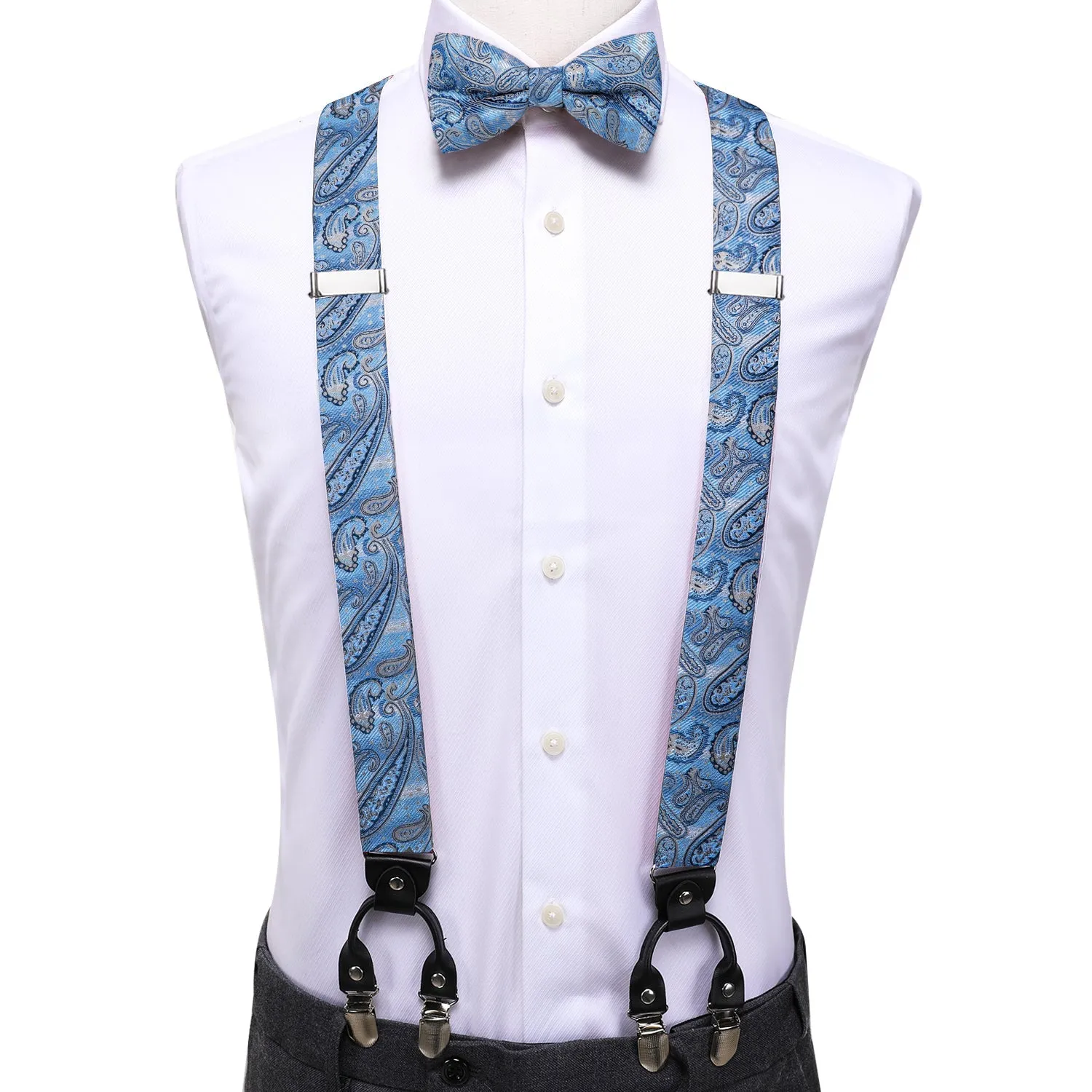 Sky Blue Paisley Y Back Brace Clip-on Men's Suspender with Bow Tie Set