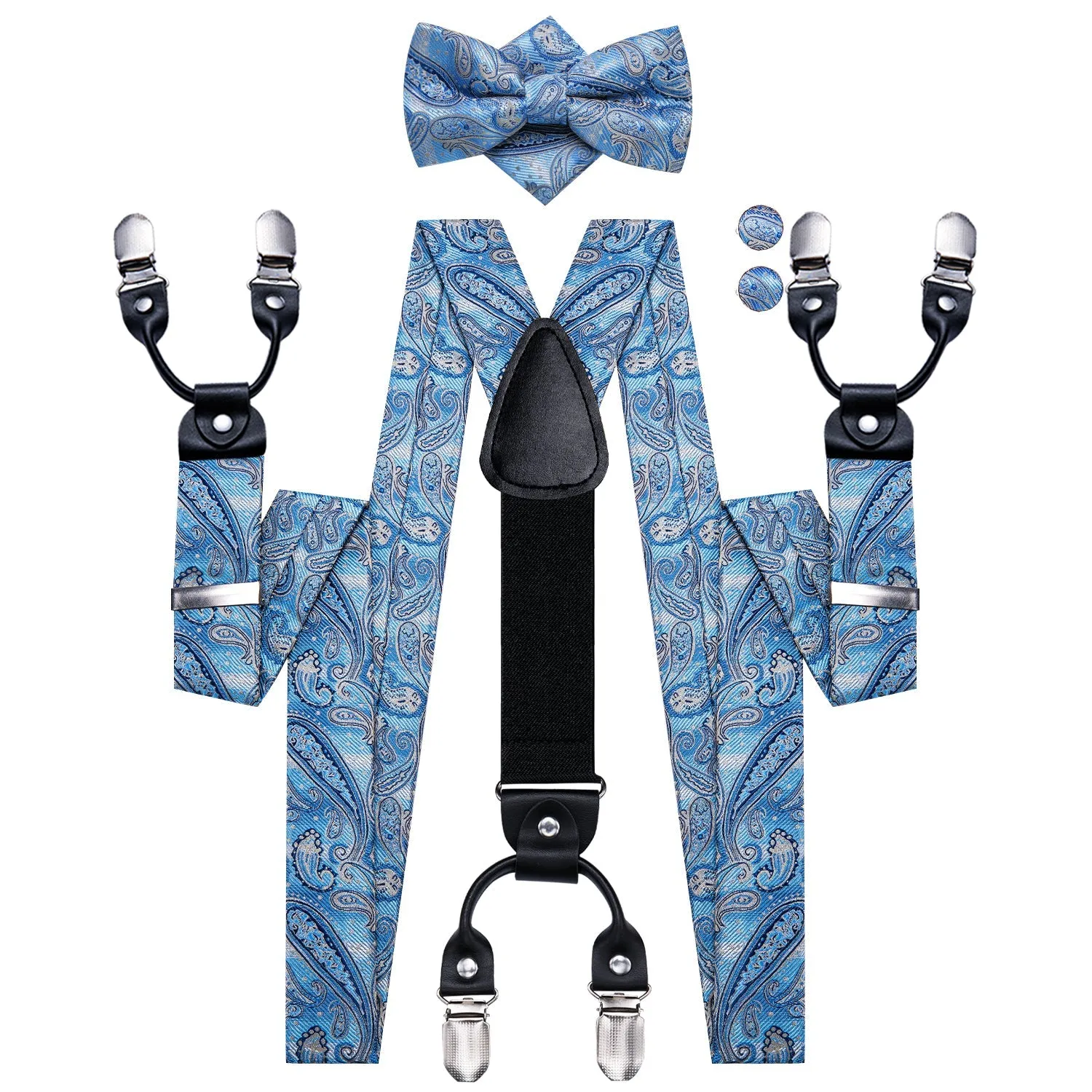 Sky Blue Paisley Y Back Brace Clip-on Men's Suspender with Bow Tie Set