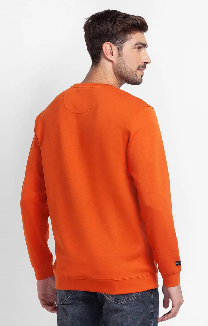 Spykar Flame Orange Cotton Full Sleeve Round Neck Sweatshirt For Men