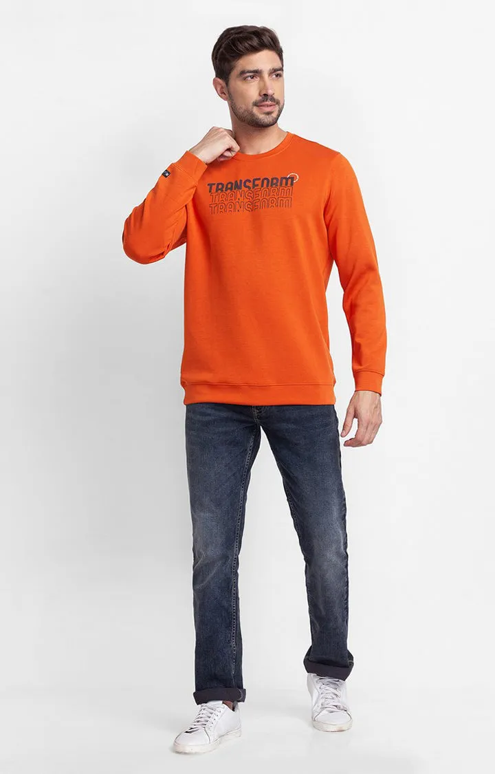 Spykar Flame Orange Cotton Full Sleeve Round Neck Sweatshirt For Men