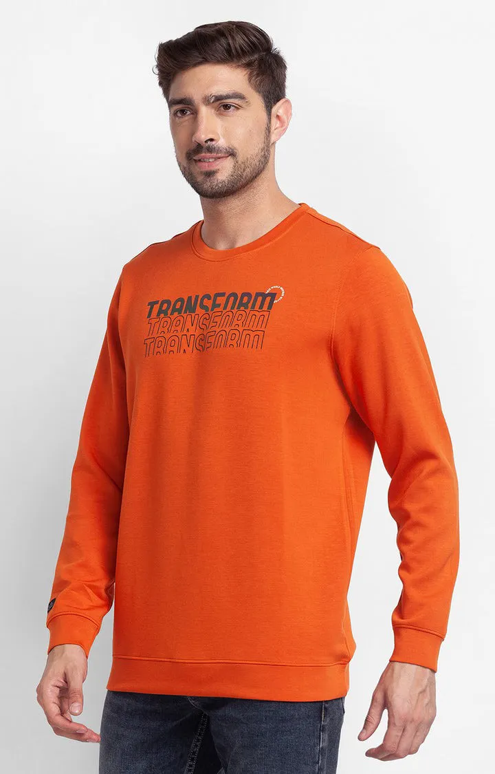 Spykar Flame Orange Cotton Full Sleeve Round Neck Sweatshirt For Men