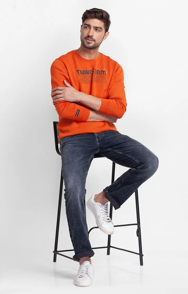 Spykar Flame Orange Cotton Full Sleeve Round Neck Sweatshirt For Men