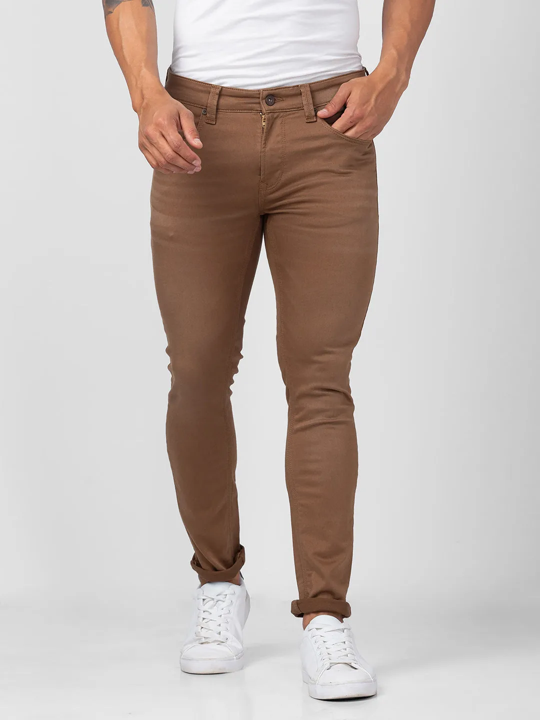 Spykar Men Coffee Brown Cotton Super Slim Fit Tapered Length Jeans (Super Skinny)