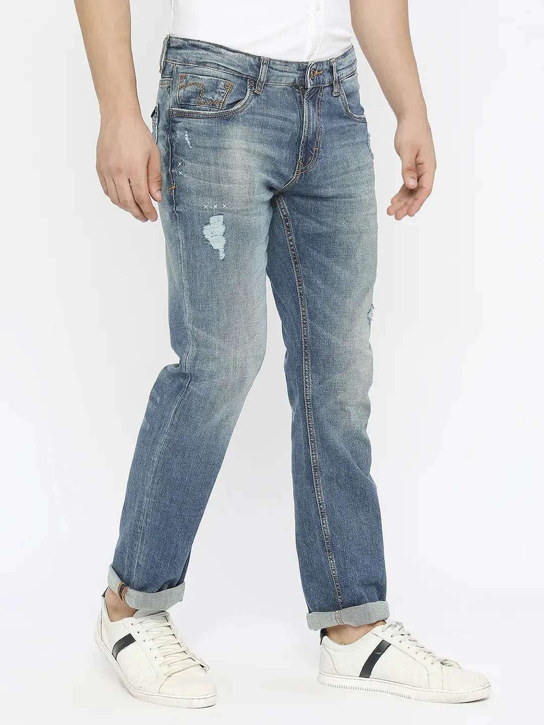 Spykar Men Mid Blue Cotton Comfort Fit Straigth Length Mildly Distressed Mid Rise Jeans-(Ricardo)