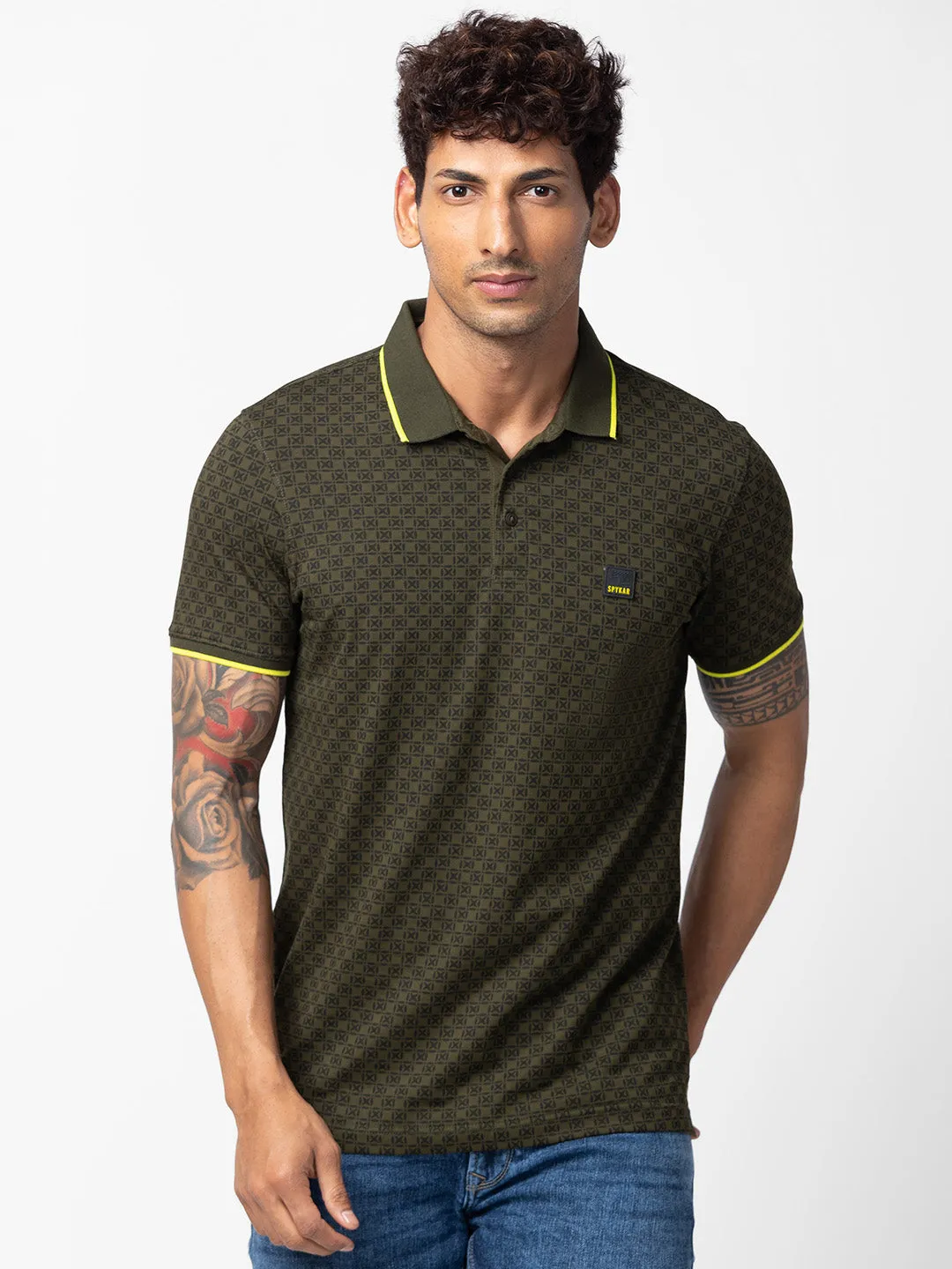 Spykar Men Rifle Green Cotton Regular Fit Half Sleeve Printed Polo T-Shirt