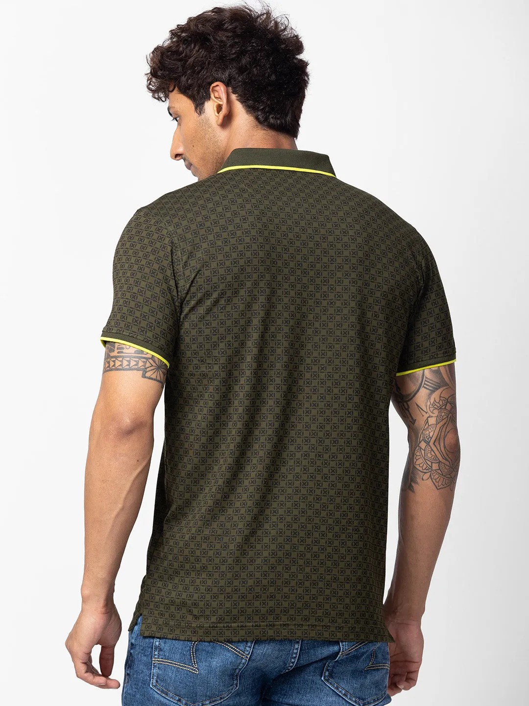 Spykar Men Rifle Green Cotton Regular Fit Half Sleeve Printed Polo T-Shirt