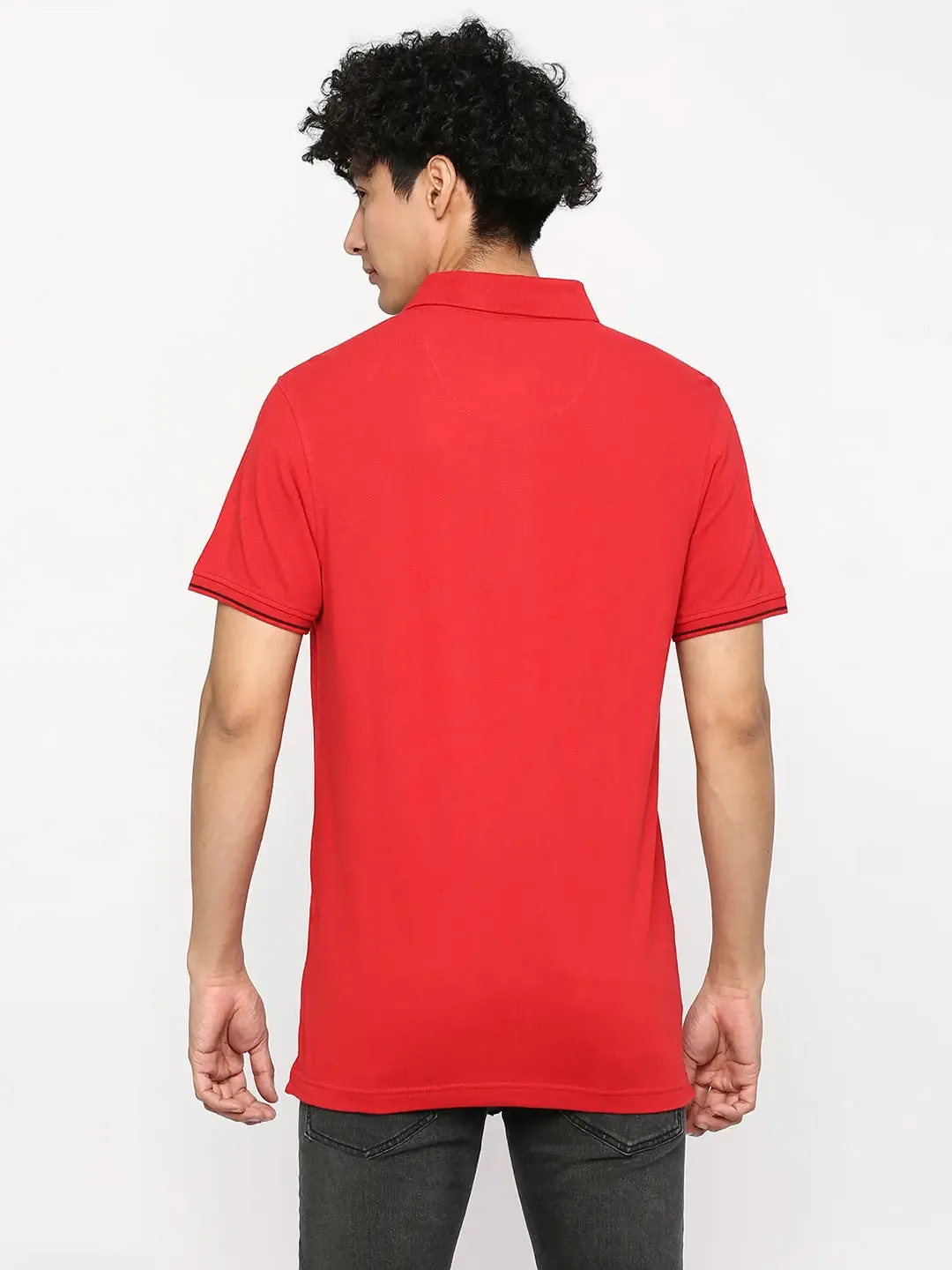 Spykar Men True Red Cotton Slim Fit Plain Polo Neck Tshirt