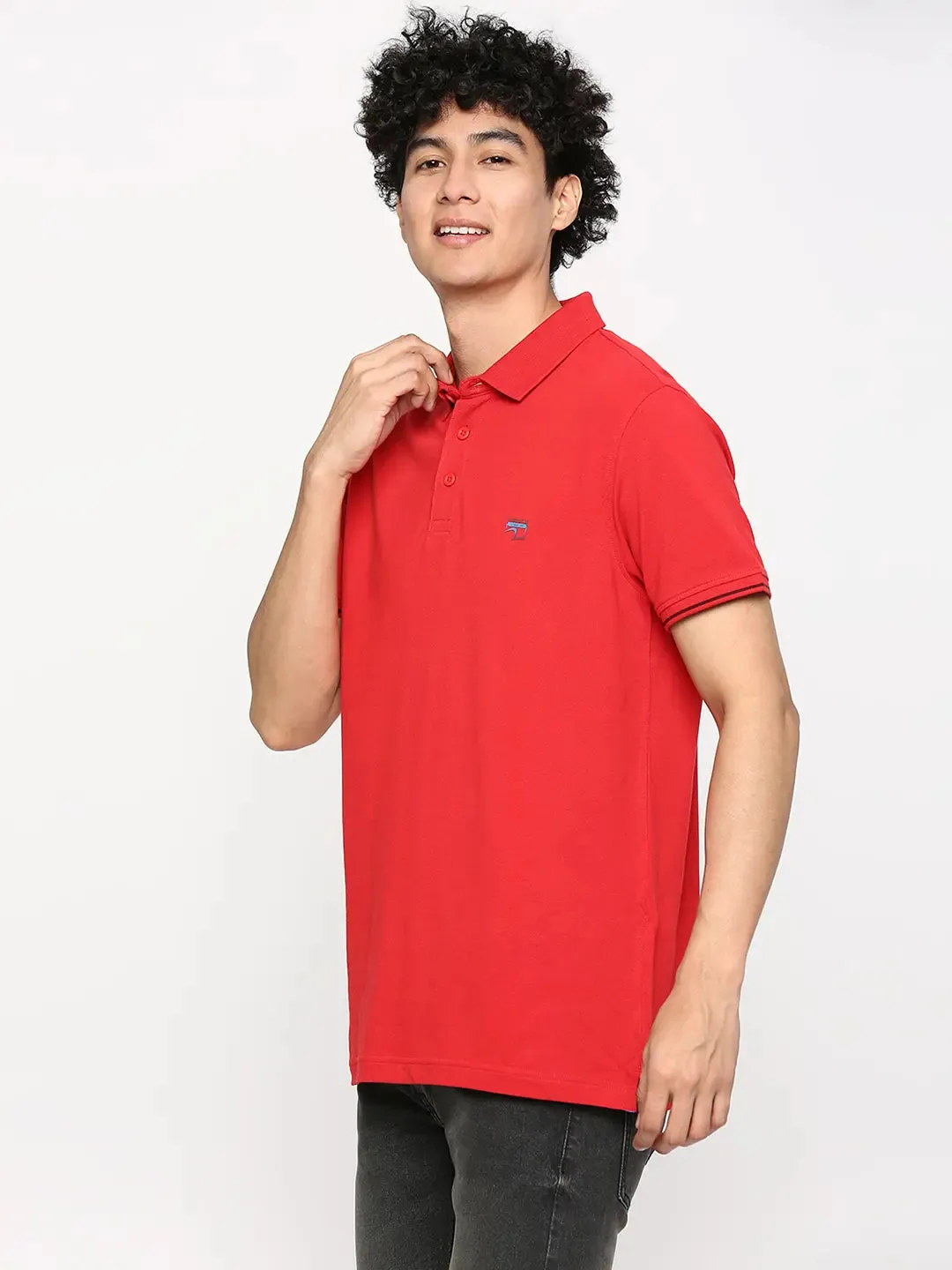 Spykar Men True Red Cotton Slim Fit Plain Polo Neck Tshirt